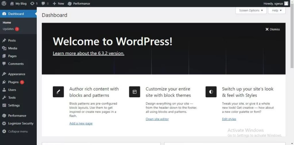 WordPress Dashboard after installing WordPress on Cpanel